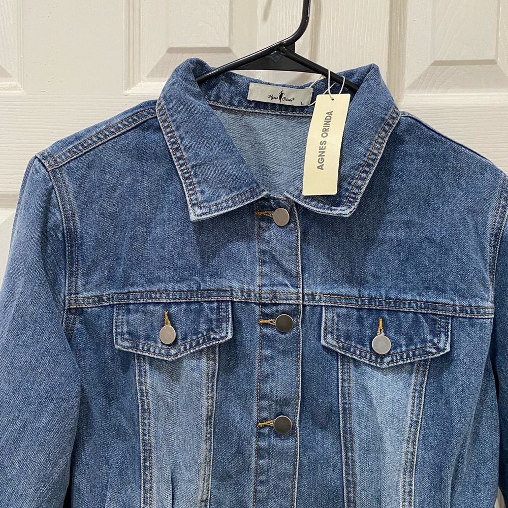 Agnes Orinda Plus Size Fashion Outerwear Long Sleeve Button Denim Jacket, Blue - Picture 7 of 9